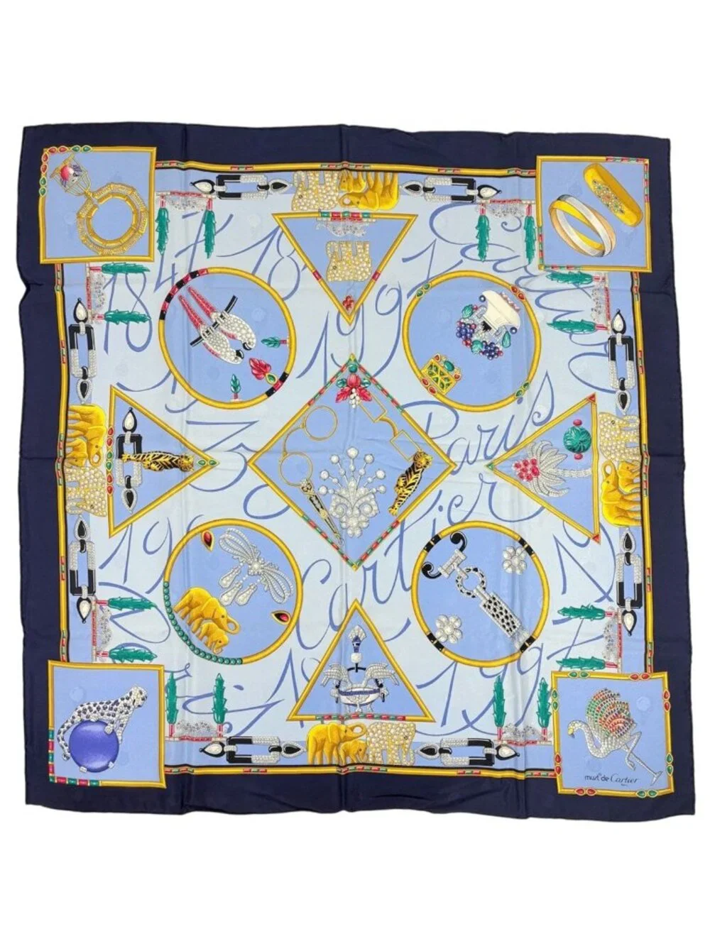 Cartier Pattern Scarf Silk Navy Blue Multicolor